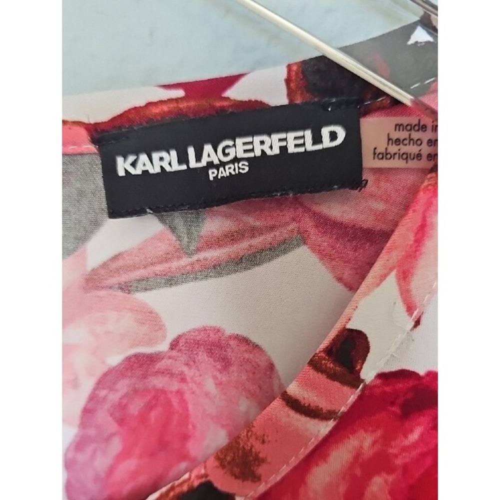 Karl Lagerfeld Paris Floral Lace Trim Keyhole Sleeveless Top XL Red Pink - Picture 3 of 7